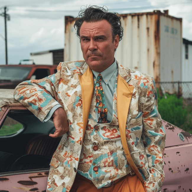 sleazy car salesman standing next to a run down car